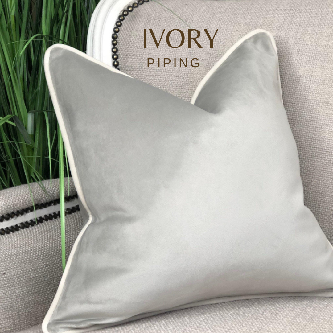 Silver velvet cushion cover with ivory piping.