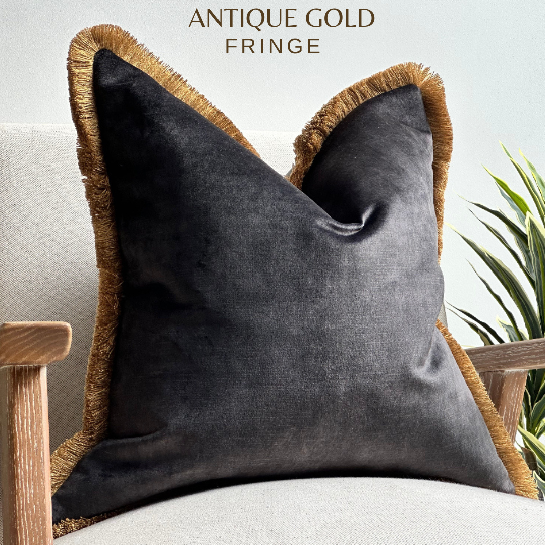 Luxury charcoal velvet cushion - Fringed or piped