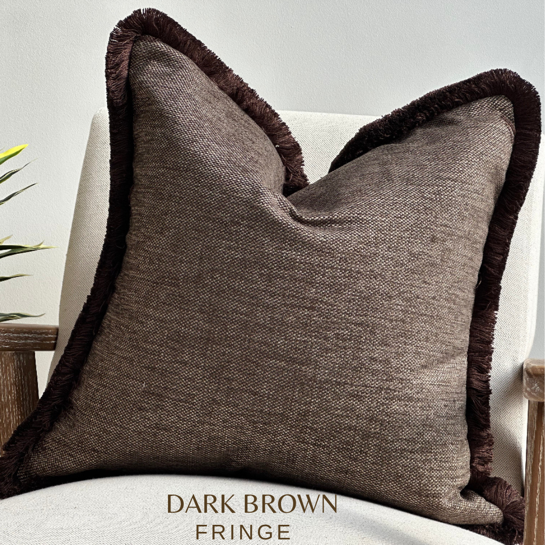 Brown pillow with fluffy fringe trim - custom made cushions by the cosy cushion shop