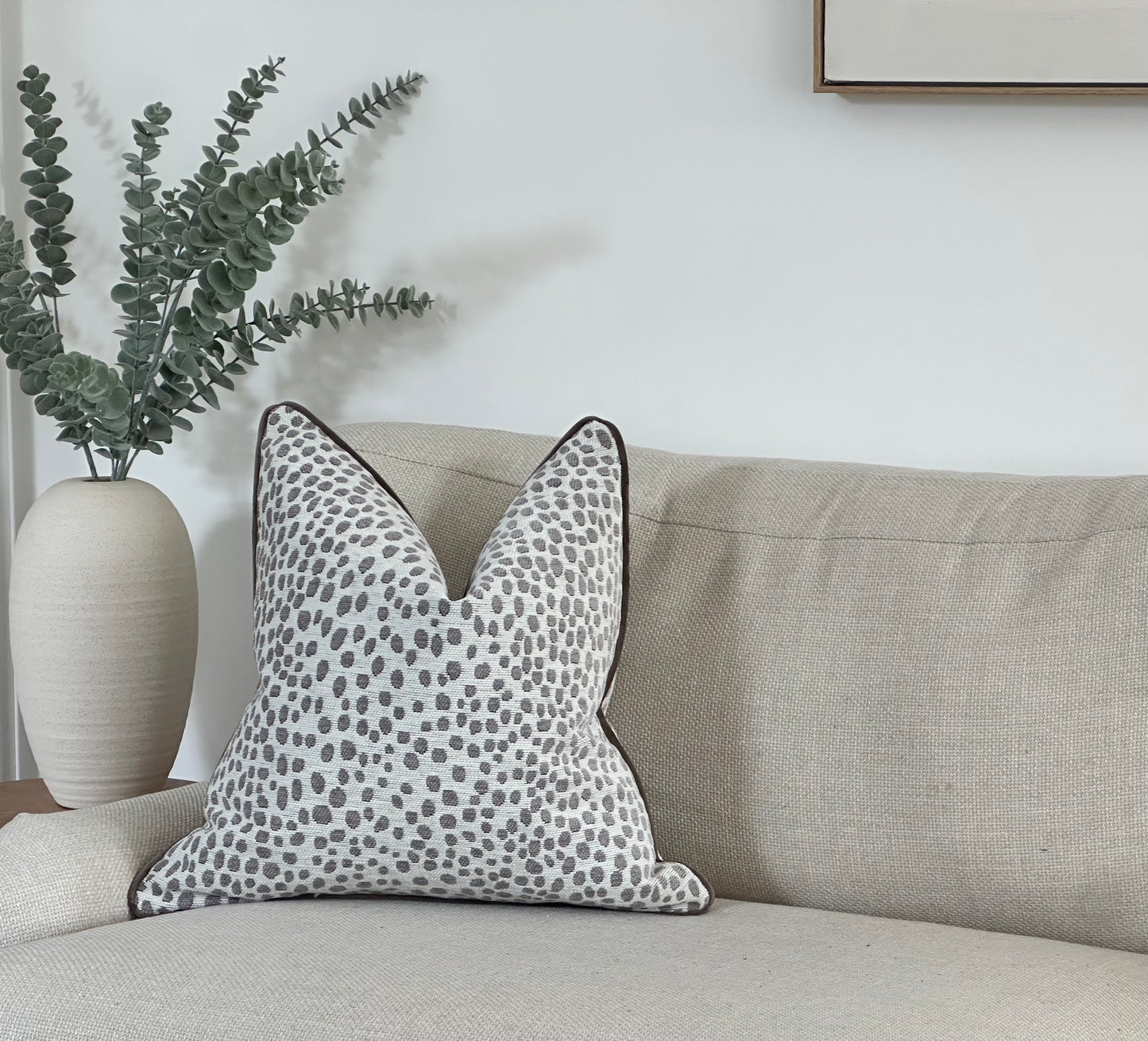 Ivory and grey patterned luxury cushion cover with piping. Custom made by the cosy cushion shop.