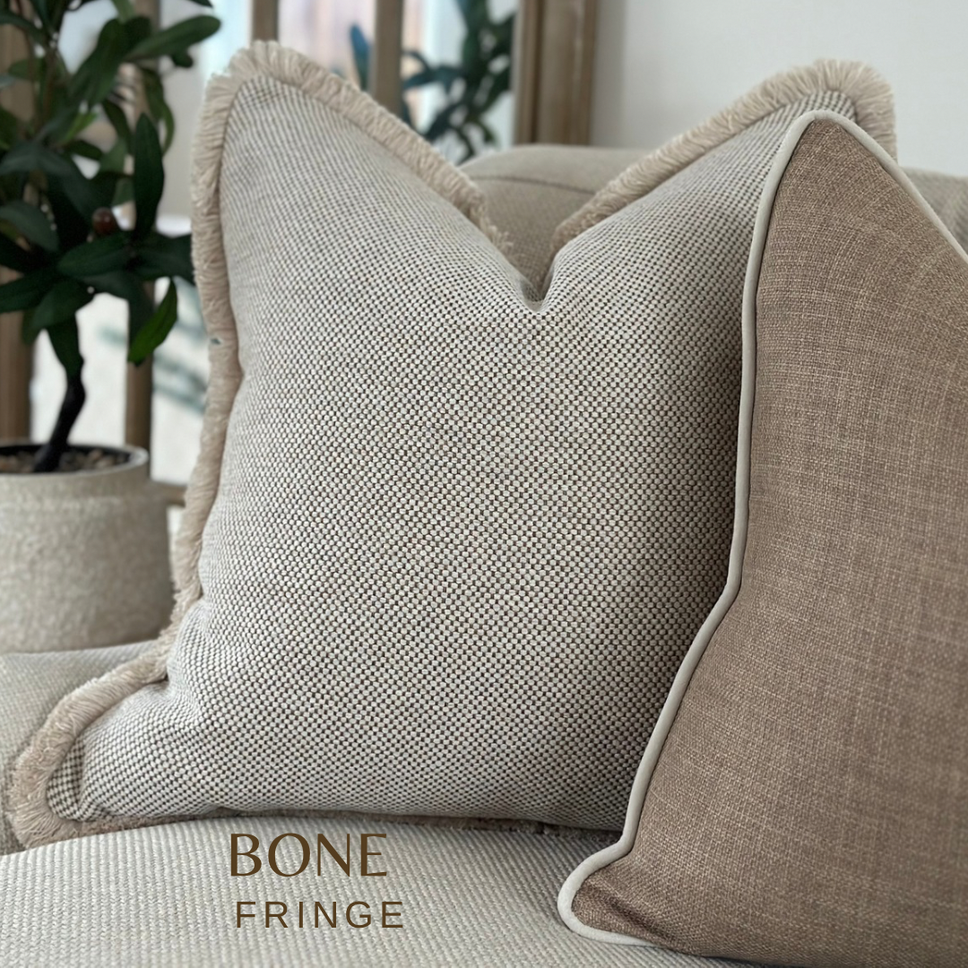 Textured cream beige fringed cushion | ATHENA
