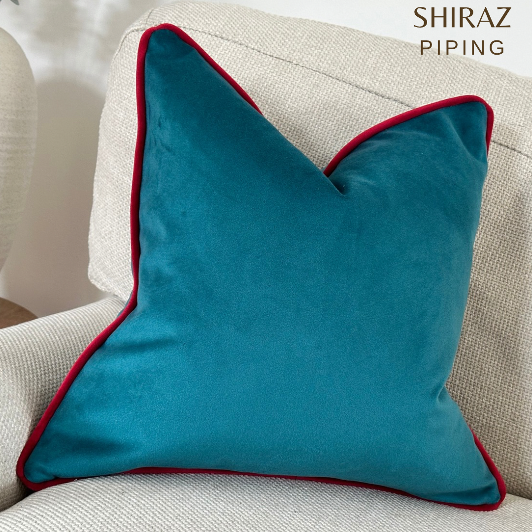 Teal velvet cushion with red piping.