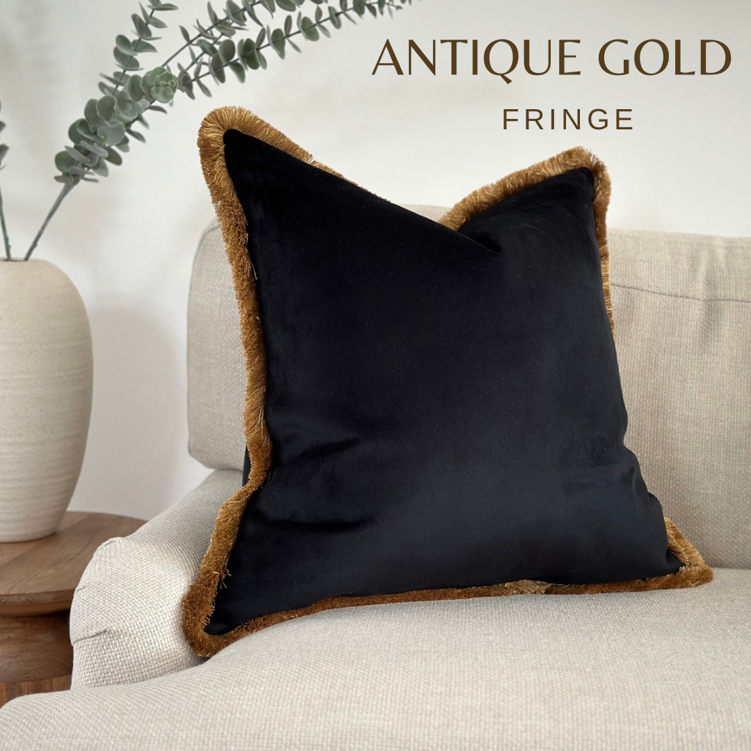 Black velvet fringed cushion