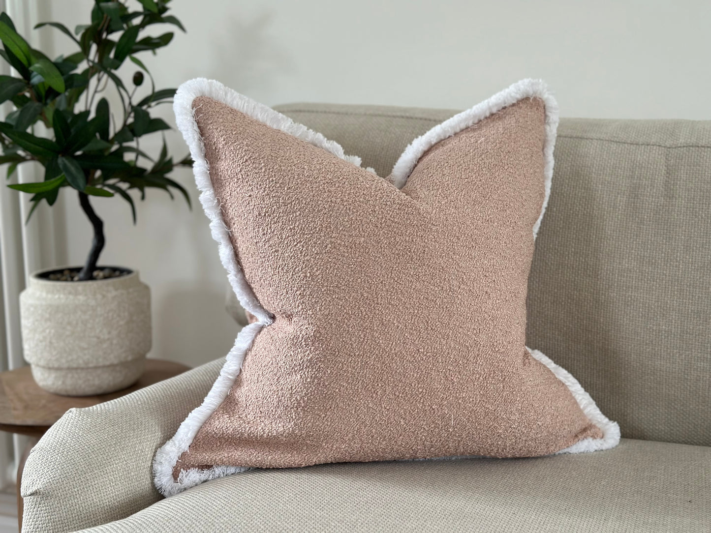 LIGHT BLUSH BOUCLE | Fringe or Piped Cushion