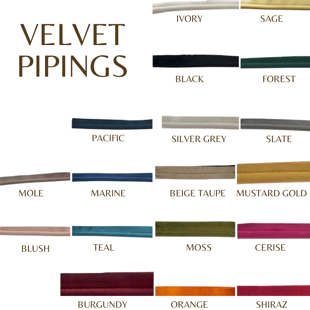 a collection of velvet piping colors, each labeled with a different type of fabric. The colors include Ivory, Sage, Black, Forest, Pacific, Silver Grey, Slate, Mule, Marine, Beige Taupe, Mustard Gold, Blush, Teal, Moss, Cerise, and Burgy, Orange, Shiraz.