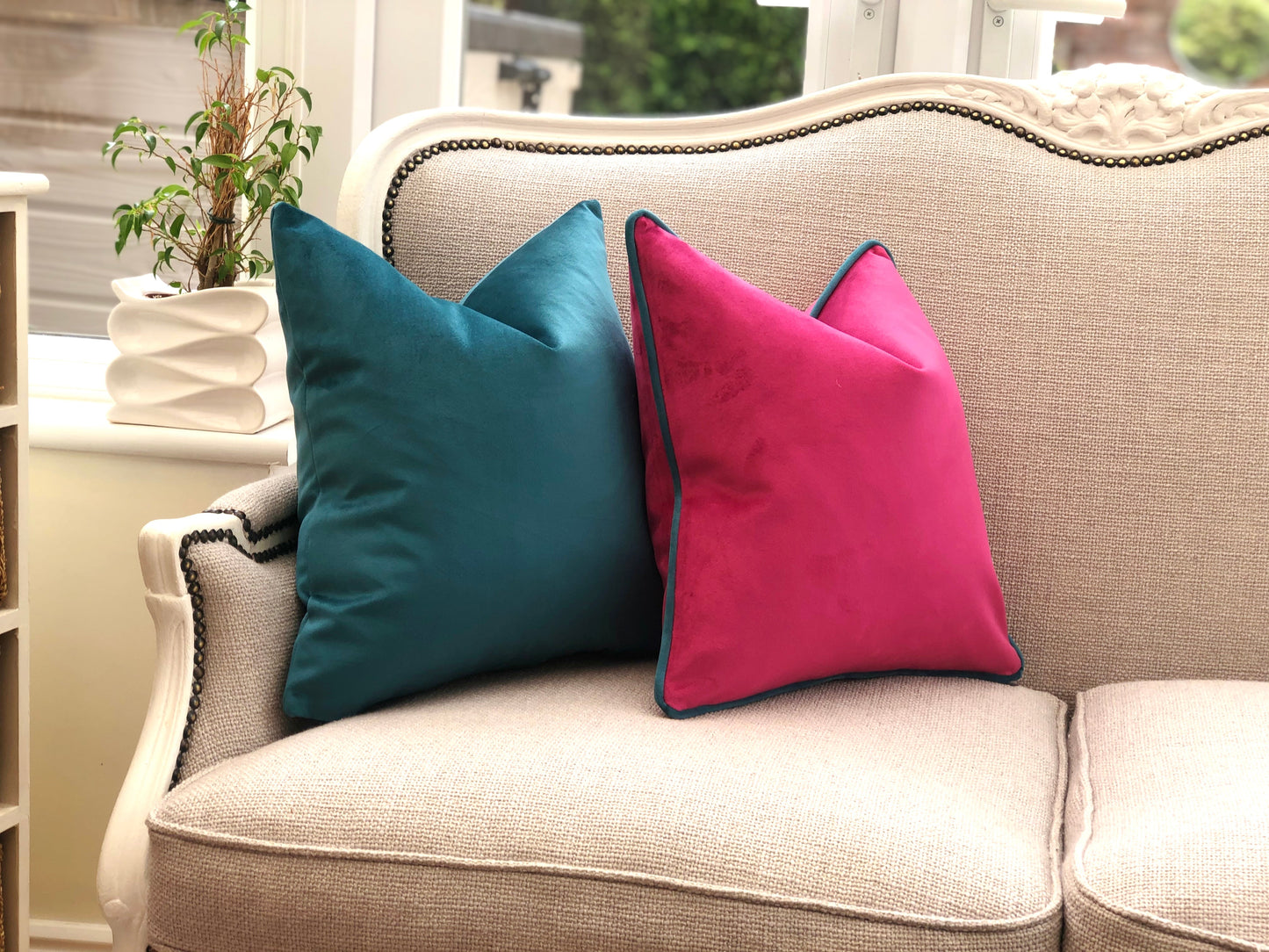 pink and teal scatter cushion