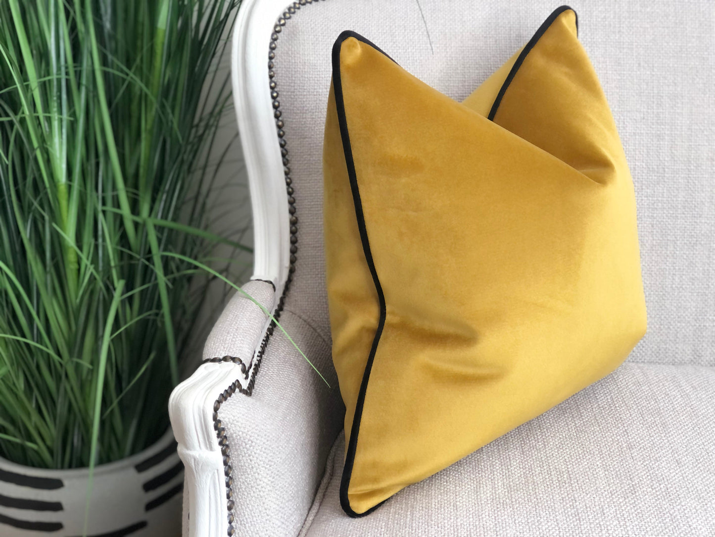 mustard gold cushion with black trim