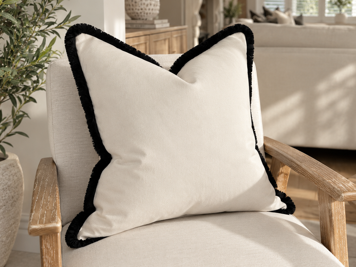 IVORY VELVET | Fringed Cushion