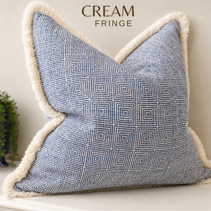 NEW ENGLAND BLUE | Luxury Geometric Fringed Cushion