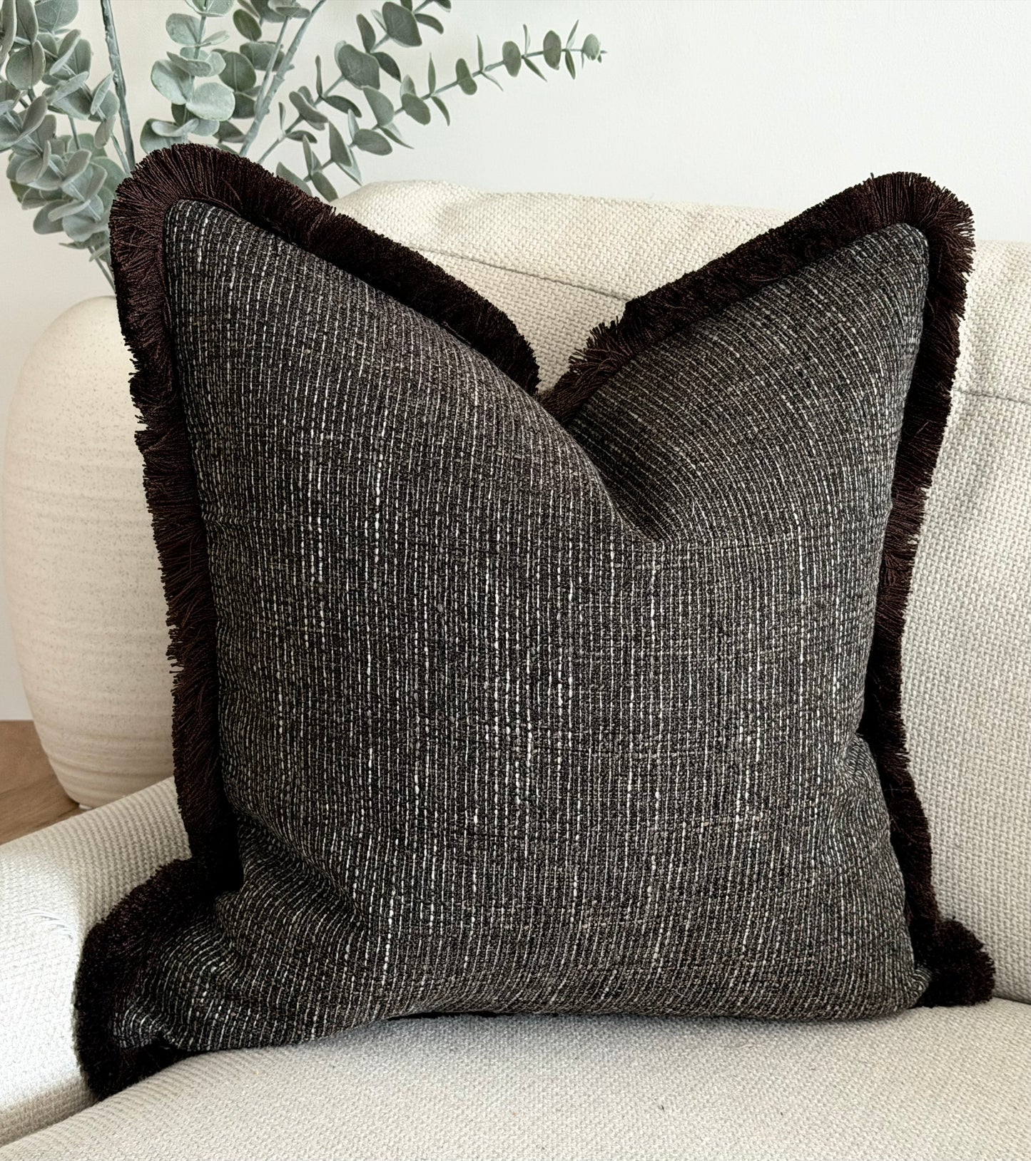 Textured Dark Chocolate Cushion | Fringed & Piped