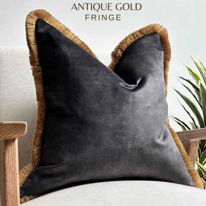 Luxury charcoal velvet cushion - Fringed or piped