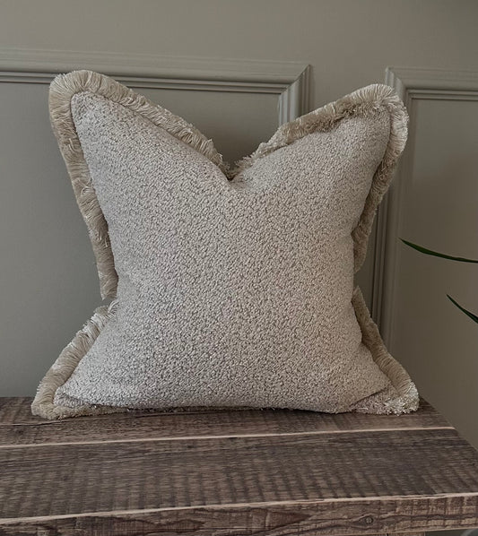 MUSHROOM BOUCLE | Cream Beige Cushion - Fringed & Piped