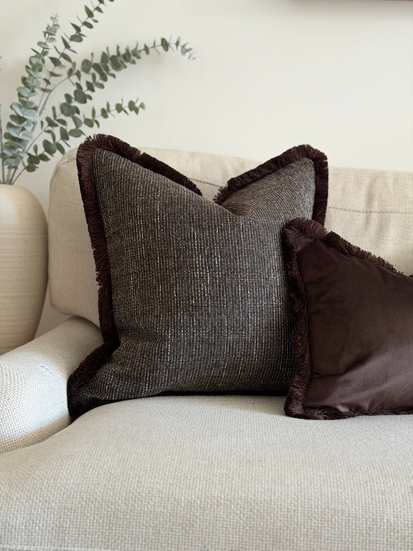 Textured Dark Chocolate Cushion | Fringed & Piped
