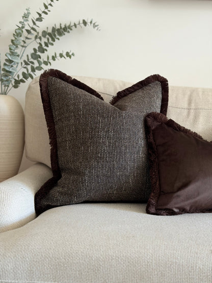 Textured Dark Chocolate Cushion | Fringed & Piped