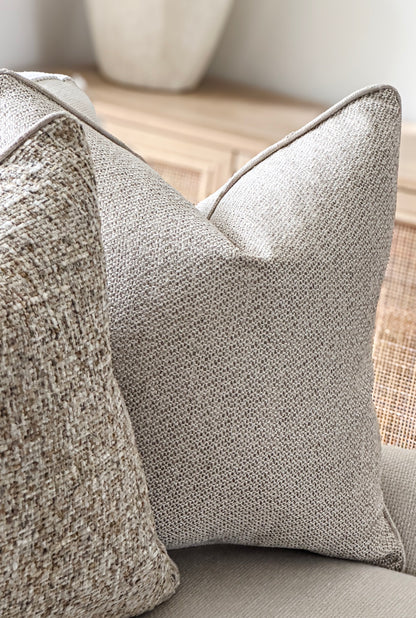 YORK | Textured Warm Beige Cushion: Fringed & Piped