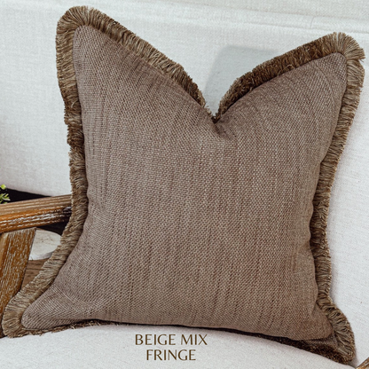 Textured weave fringed pillow cover in a warm brown cosy colour perfect for earthy neutral home decor.