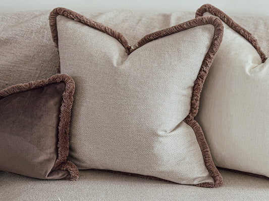 WARM GREIGE  | Warm Grey-Beige Textured Fringe Cushion