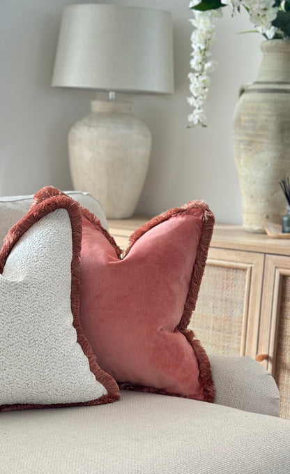 CORAL | Velvet Cushion - Fringed & Piped