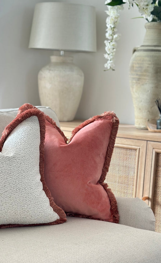 CORAL | Velvet Cushion - Fringed & Piped