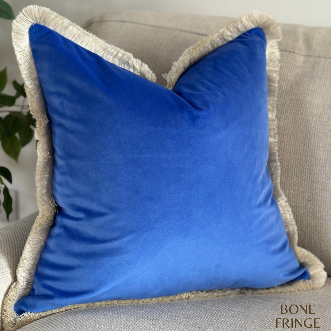 Cobalt blue velvet fringed cushion