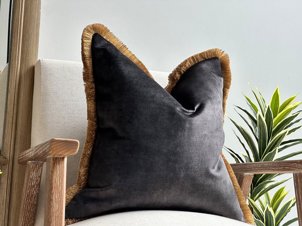 LUXURY CHARCOAL | Velvet Fringed Cushion