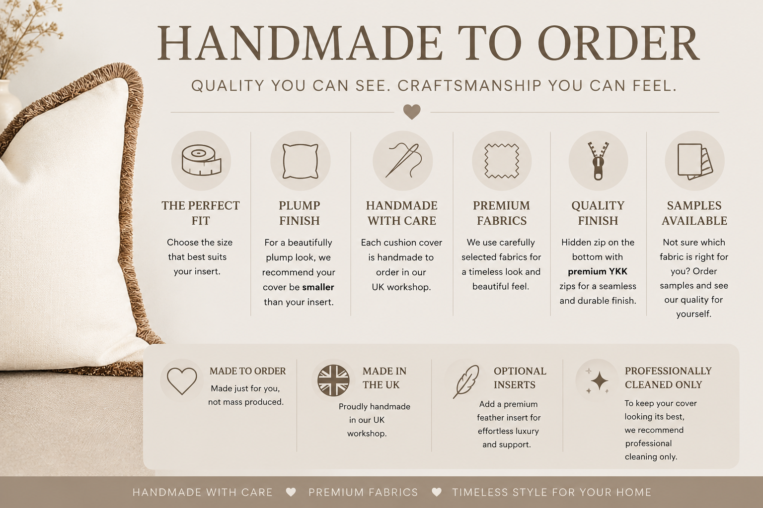 The image is a promotional image for handmade products, featuring various handmade items such as pillows, fabrics, and samples. It highlights the quality, craftsmanship, and premium feel of these products, encouraging customers to order them for their homes.