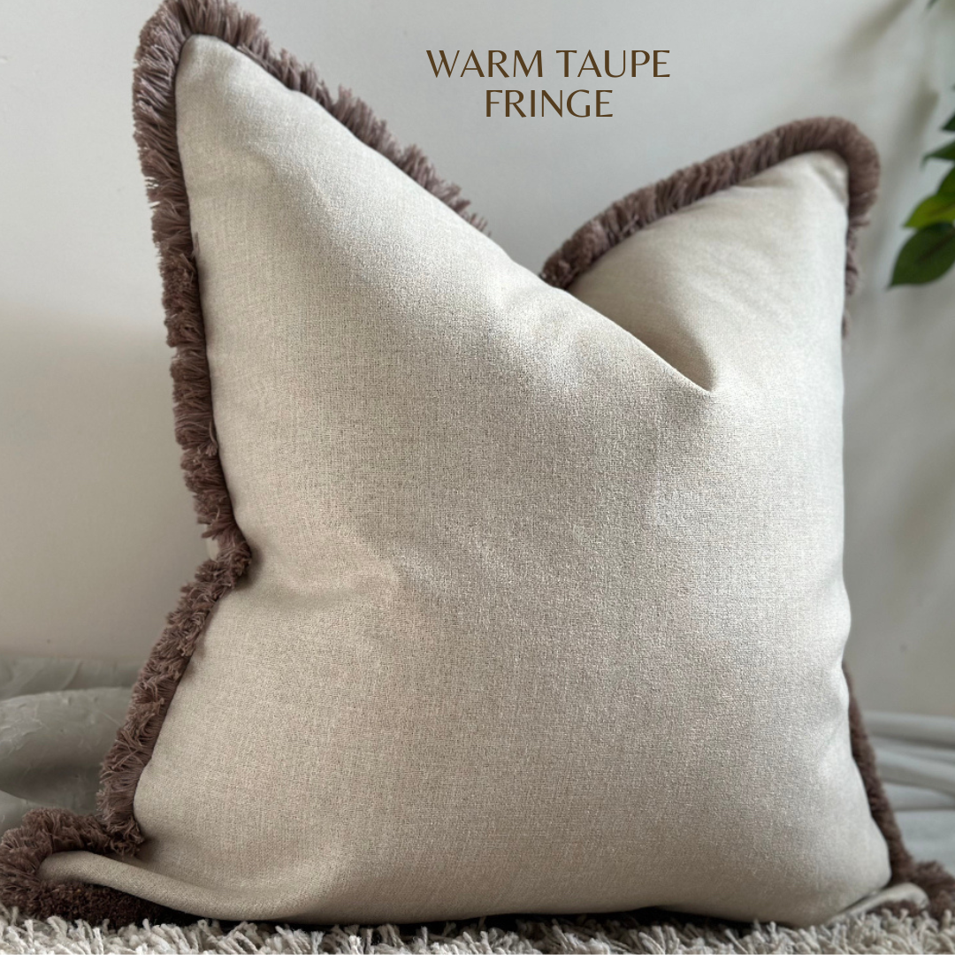 Modern farmhouse decor, cream pillow with fringe 