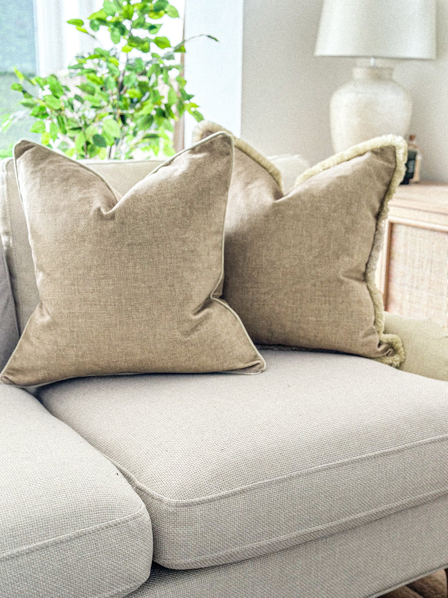 Warm neutral scatter cushion in a soft woven fabric on a cream sofa.