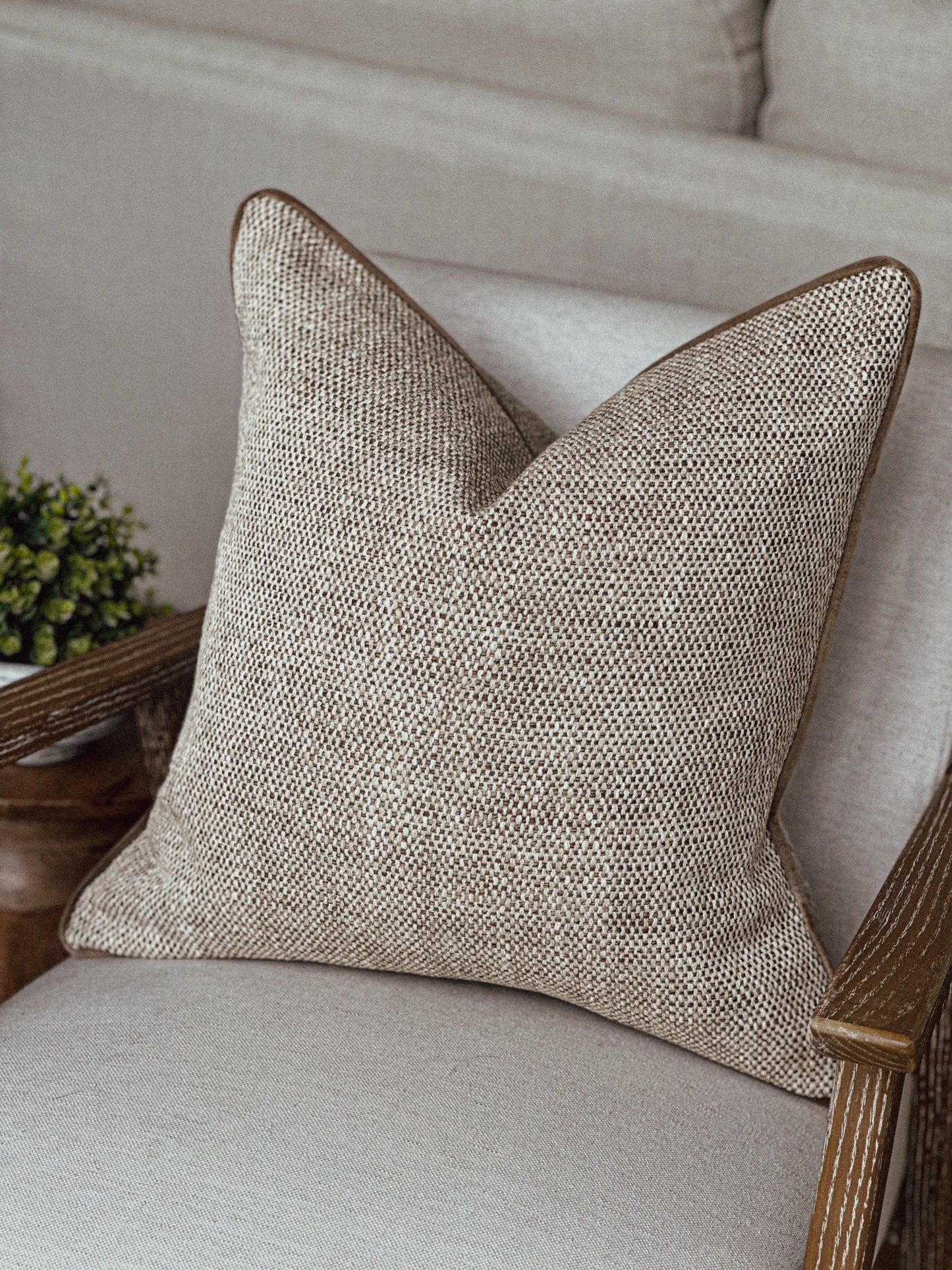 Luxury modern organic chunky weave beige brown cushion cover.