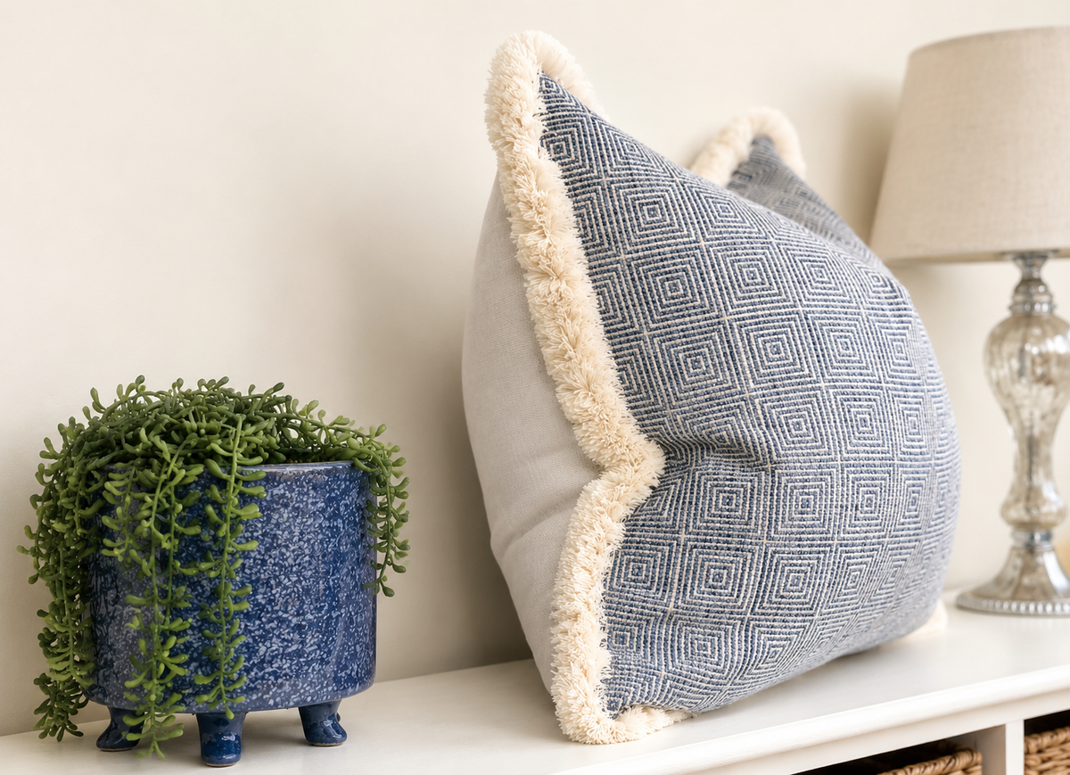 NEW ENGLAND BLUE | Luxury Geometric Fringed Cushion