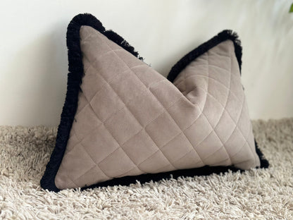 Taupe beige quilted cushion with fringe