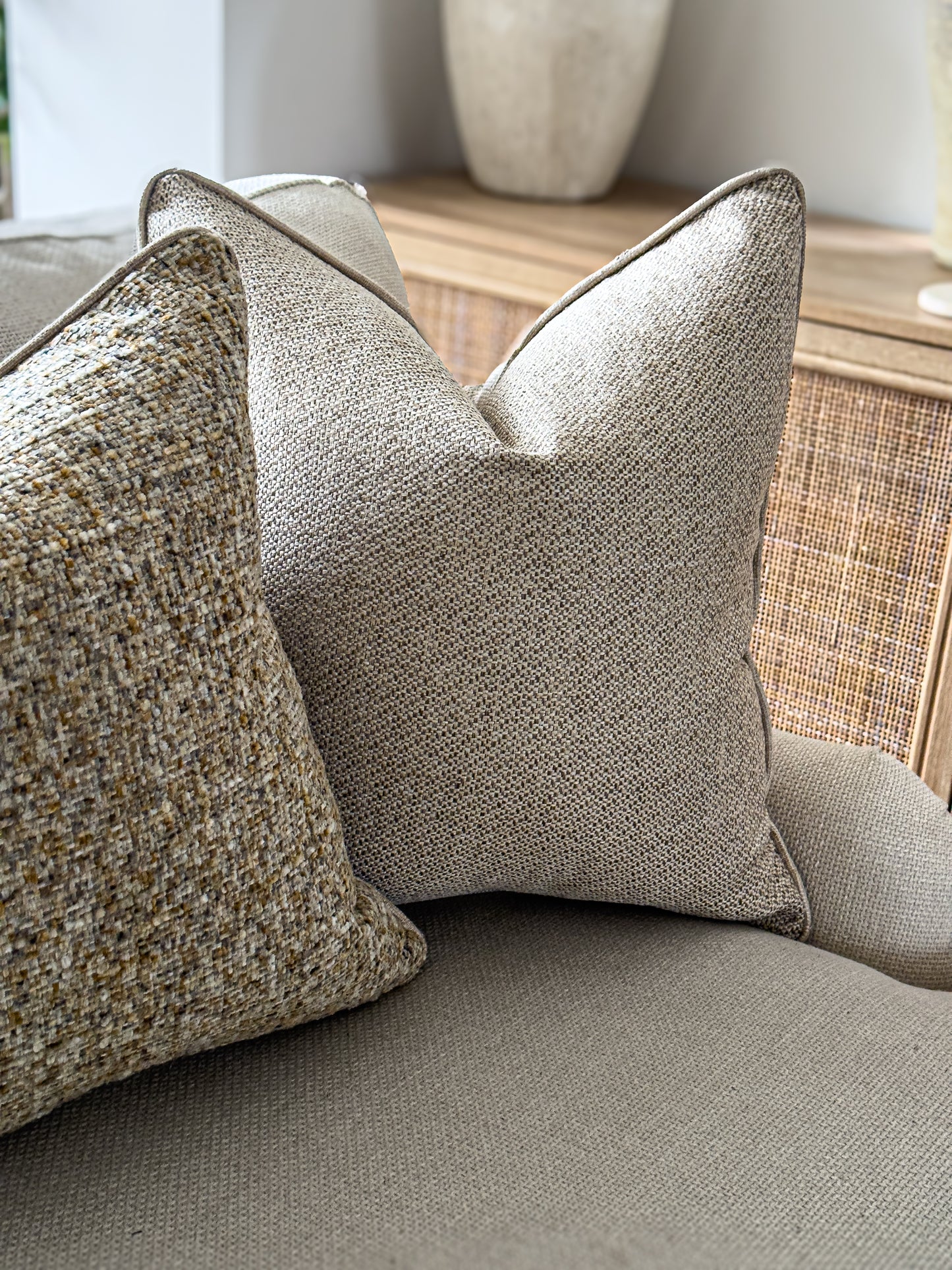 YORK | Textured Warm Beige Cushion: Fringed & Piped