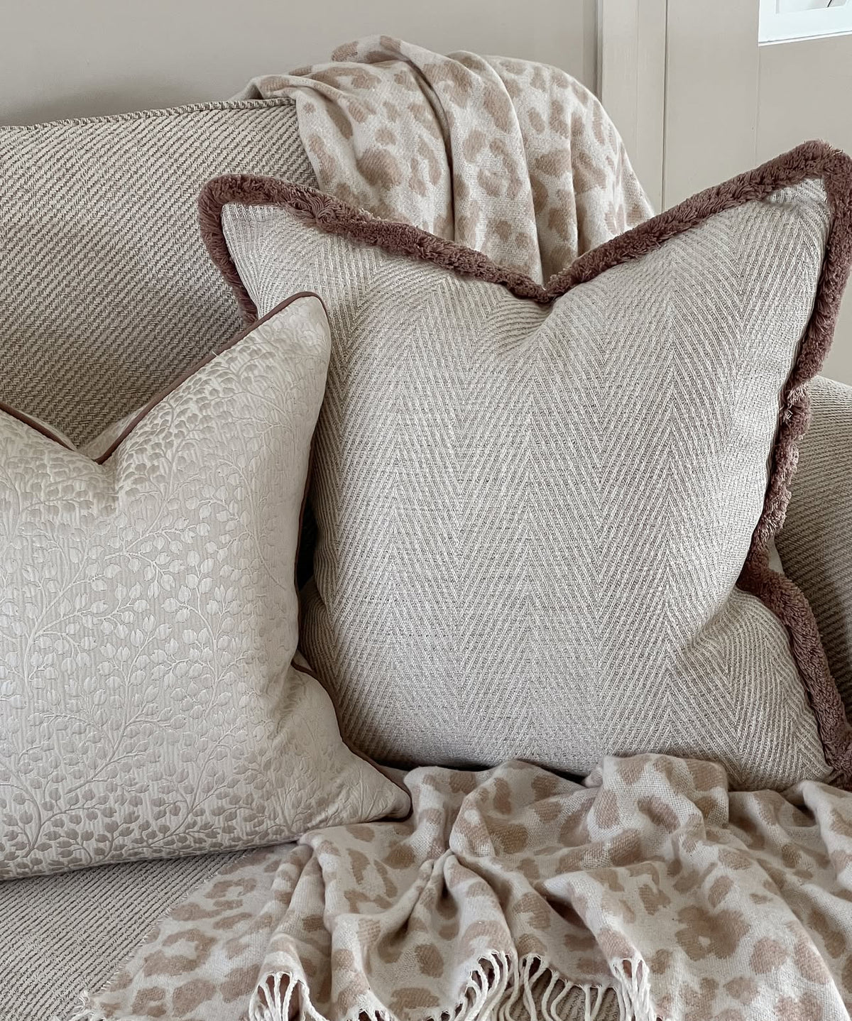 NATURAL HERRINGBONE | Luxury Fringed Cushion