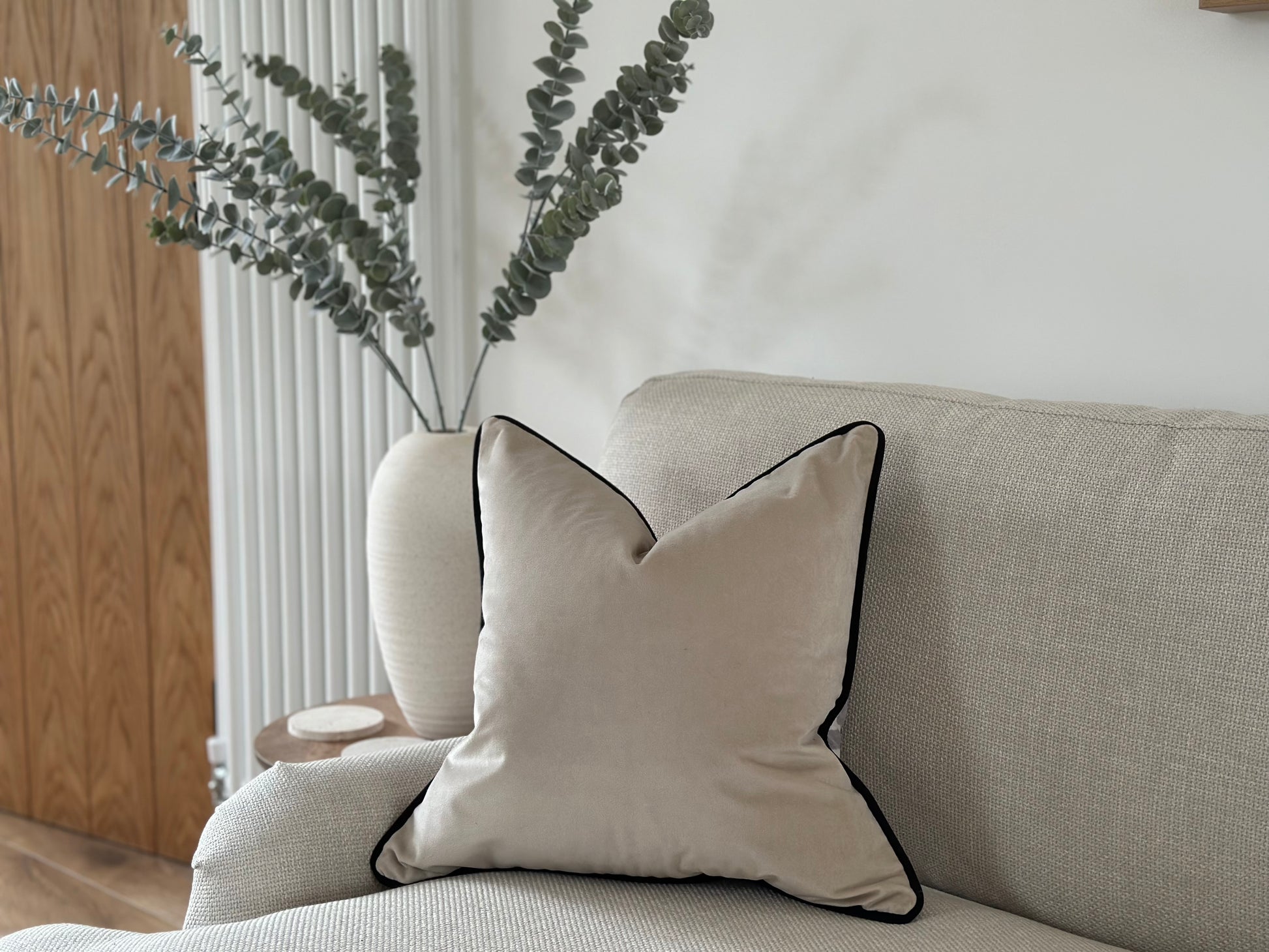 Luxury velvet scatter cushion in a cream beige greige with a black piping