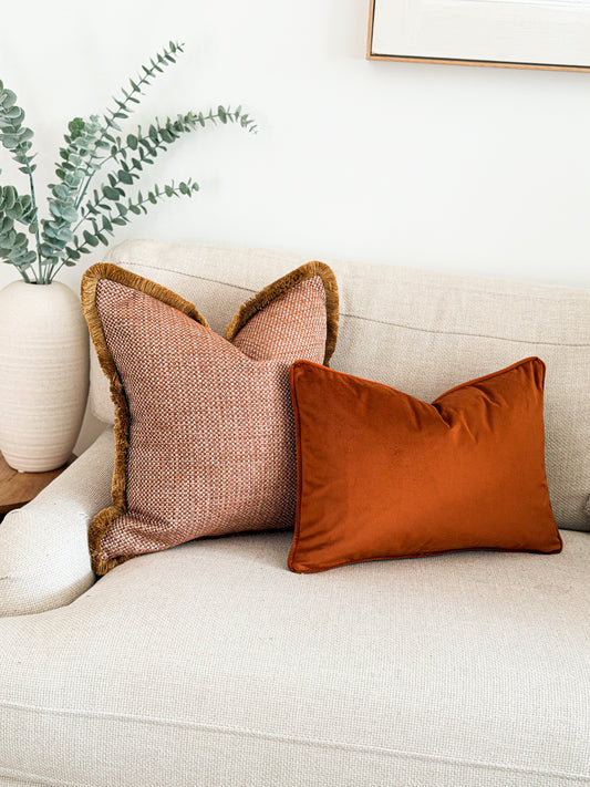 Warm Terracotta Cushion. - Fringed & Piped