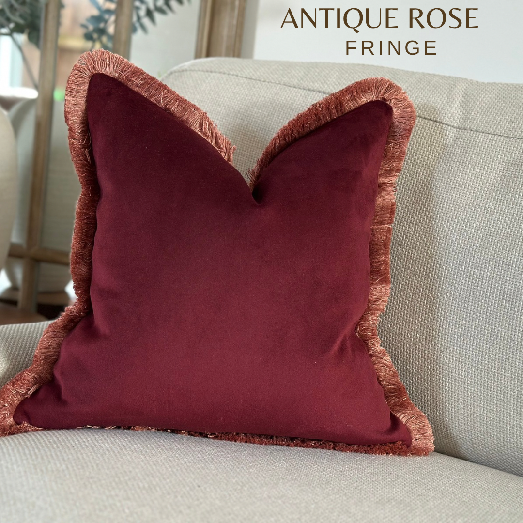 Best luxury burgundy velvet pillow with fringe trim. Made from High-end upholstery quality fabrics.