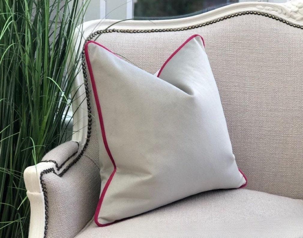 Silver grey velvet cushion cover with pink piping.