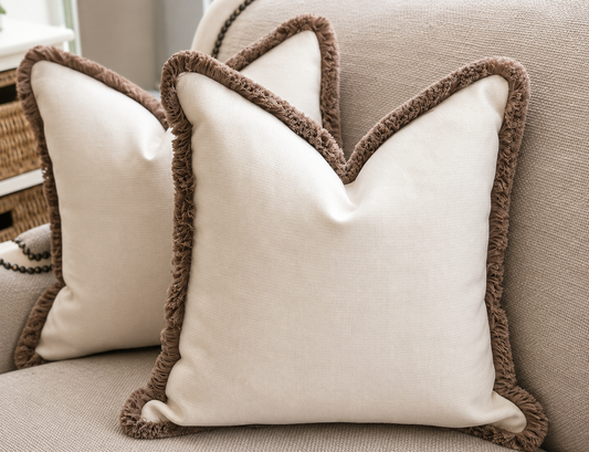 LIGHT CREAM | Linen Look Fringed Cushion