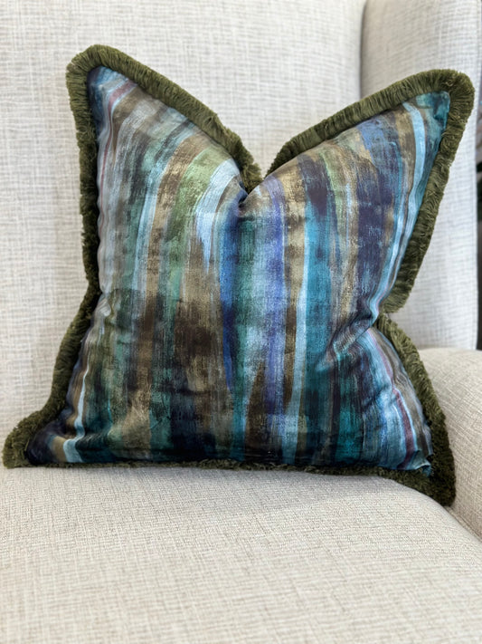 Blue green printed velvet Fringed Cushion Cover - Limited Stock | BALI