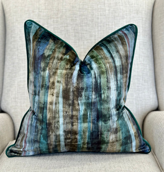 Blue green printed velvet Piped Cushion Cover - Limited Stock | BALI