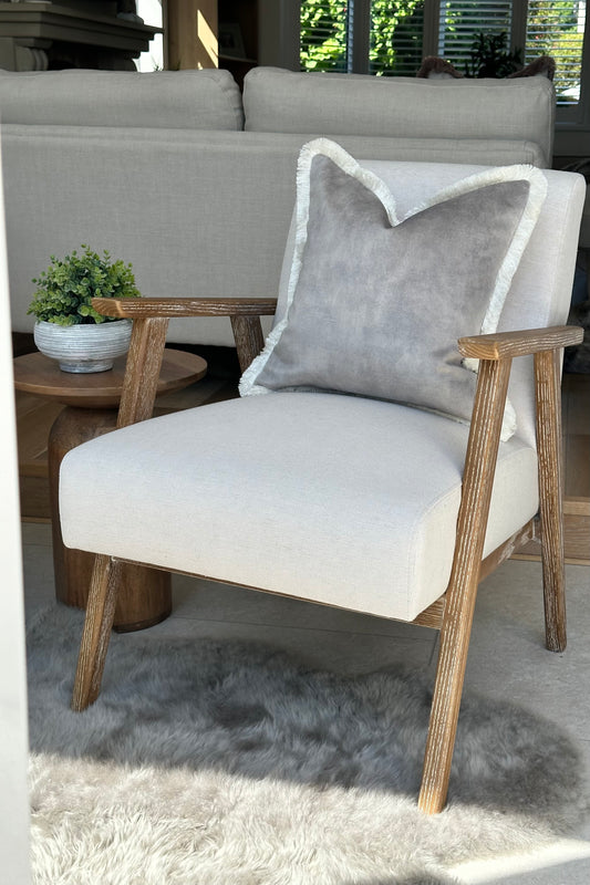 Luxury grey velvet cushion cover with ivory fringe. Custom size and fringe or piping options. Can be purchased as cover only or complete cushion.