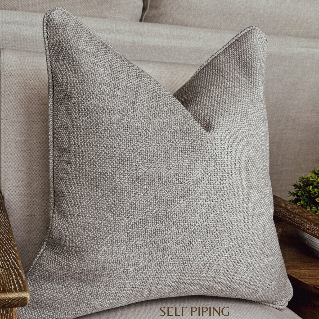 Greige textured weave throw pillow cover with customisable size and piping trim colour.