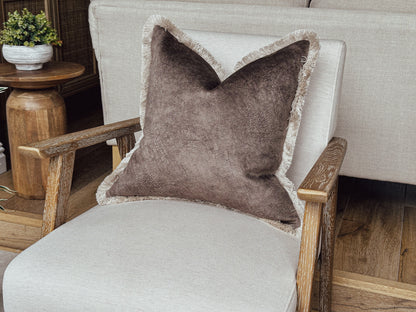 Brown textured fringed cushion cover. Brown velvet pillow cover. Brown scatter cushion