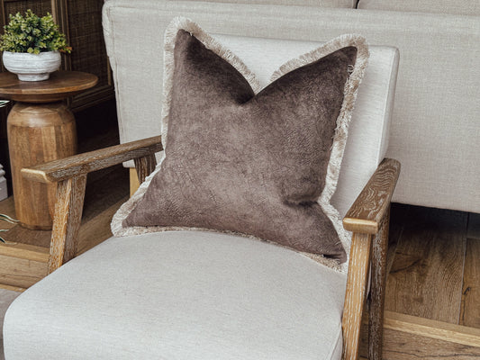 Brown textured fringed cushion cover. Brown velvet pillow cover. Brown scatter cushion