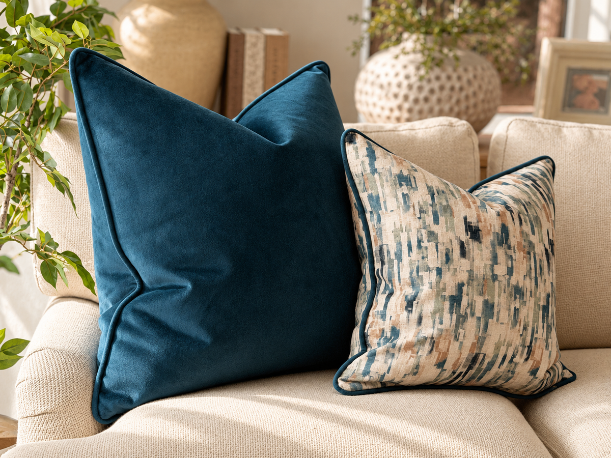 Two decorative throw pillows on a beige sofa in a styled living room setting. One pillow is a solid deep blue teal velvet, and the other has a beige and blue teal geometric pattern with dark teal piping.