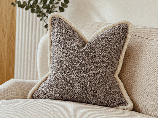 GREY TEXTURED BOUCLE  | Fringed Cushion
