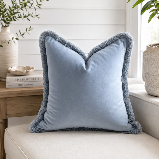 LIGHT SKY BLUE | Velvet Cushion - Fringed & Piped