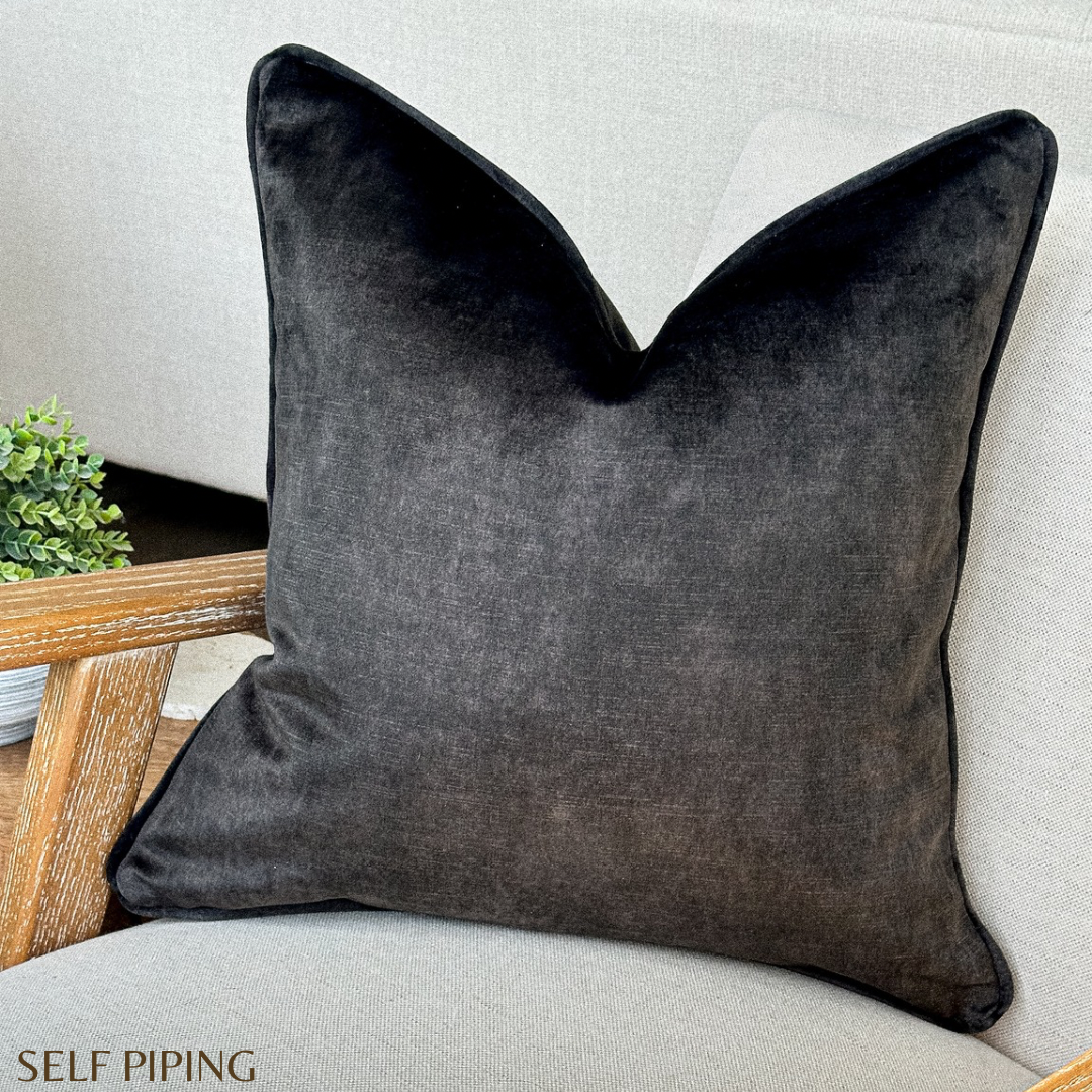 Charcoal Black luxury throw pillow cover with custom piping and size.