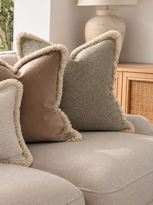 SAGE BOUCLE | Green Fringed Cushion