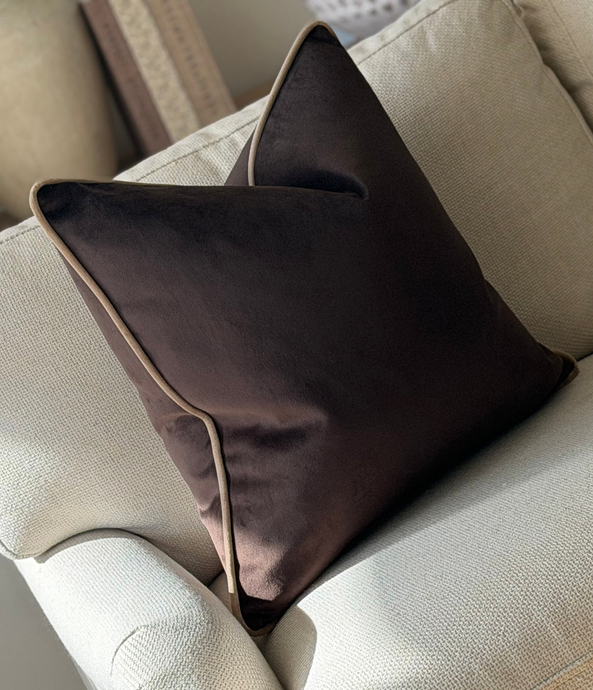 A chocolate brown velvet cushionz